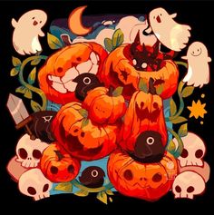 a bunch of pumpkins that are sitting in the grass with bats and skulls around them