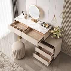 a vanity with drawers and a mirror on the wall next to a vase filled with flowers