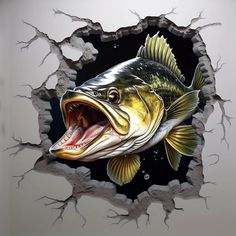 a fish with its mouth open through a cracked hole in the wall that has been painted on