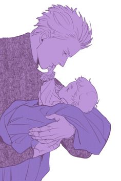 a drawing of a man holding a baby in his lap while he is wearing a purple shirt