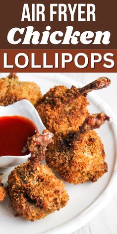 air fryer chicken lollipops on a white plate with ketchup