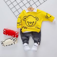 2-piece Bear Pattern Sweatshirts & Pants for Children Boy - PrettyKid Cute Long Sleeve Sets For Fall, Fall Letter Print Long Sleeve Set, Fall Long Sleeve Set With Letter Print, Yellow Long Sleeve Winter Sets, Casual Long Sleeve Sets With Cartoon Print, Casual Long Sleeve Cartoon Print Set, Cute Cartoon Print Fall Sets, Cute Cartoon Print Sets For Fall, Yellow Cotton Fall Set