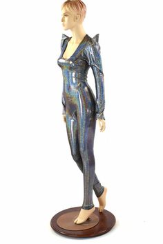 Silver Sharp Shoulder Holographic Catsuit Bodysuit Steampunk Onsie   -151750 Futuristic Stretch Bodysuit For Costume Party, Fitted Rave Unitard For Cosplay, Metallic Shiny High Stretch Unitard, Fitted Rave Bodysuit For Costume Party, Fitted Metallic Shiny Bodysuit, Metallic Shiny Fitted Bodysuit, Fitted Rave Unitard For Costume Party, Disco Metallic Bodysuit For Club, Metallic Stretch Bodysuit For Club