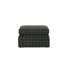 a black and white foot stool with a plaid pattern on the top, sitting in front of a white background