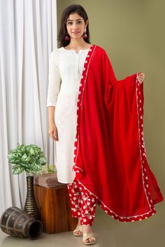 Kurta set  Kurti- cotton all over lapet chicken off- white  fabric with zari gotta pattern  Pant- fine cotton polka dots with gotta hand embroidery with pocket Dupatta- cotton dyed malmal with print detailing with zari gotta 4 side border  Wash Care : Dry Clean Only Size - 38-40-42-44 Quality: 100 % Guaranteed Stitched: Yes Full Stitched Sleeve length: 3/4 sleeve Pockets: No Leg/hem length: Mid-calf Neckline: Boat Kurta style: Straight Fabric technique:  Embroidered Wash Care: Dry Clean. Shipping - We use globally known Logistics for best services like Fed-Ex, DHL, India Post. It usually takes around 7 - 15 day to deliver in Standard Delivery OR 3 - 7 Day in Express. Return - We gladly accept return in light of Etsy Guidelines. Please contact us before raising a Return Request, we may be m Unstitched Cotton Sets With Pallu, Red Cotton Sets, White Cotton Traditional Wear With Embroidered Border, Festive White Sets With Embroidered Border, Cotton Embroidered Sets For Festivals, Off White Cotton Traditional Wear For Festivals, Embroidered Cotton Sets For Festivals, Festive Off-white Cotton Dupatta, White Unstitched Sets With Traditional Drape