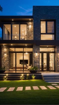 a large modern house lit up at night with lights on the front and side windows