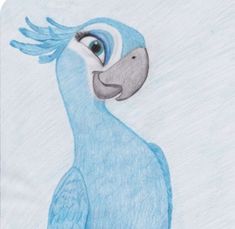 a drawing of a blue bird with long feathers on it's head and eyes