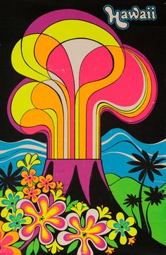 an advertisement for the hawaiian music festival, featuring trees and flowers in front of a black background