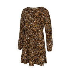 Brown Leopard Print Ruffled Hem Long Sleeve Dress Fall Peplum Workwear Dresses, Fall Peplum Dress For Workwear, Fall Workwear Peplum Dress, Casual Peplum Dress With Ruffle Hem, Casual Mini Dress With Ruffles For Fall, Fall Leopard Print Dress With Ruffles, Leopard Print Dress With Ruffles For Fall, Women Dresses Casual, Brown Leopard