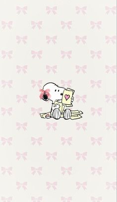 a cartoon dog sitting on top of a wooden bench next to a pink bow wallpaper