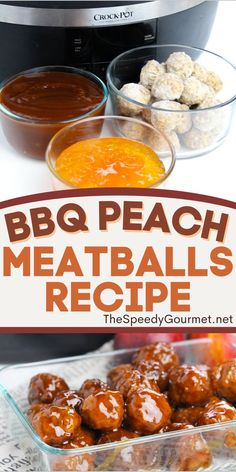 bbq peach meatballs recipe in front of an air fryer with the title above it