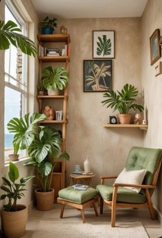 a living room filled with lots of plants next to a wall mounted book shelf and window