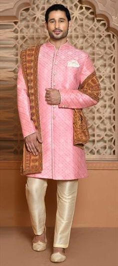 Pink and Majenta color Sherwani in Banarasi Silk fabric with Resham, Thread work Luxury Long Sleeve Pink Sherwani, Luxury Pink Sherwani For Transitional Season, Luxury Pink Sherwani With Dupatta, Eid Special, Thread Work, Silk Fabric, Pajamas, Thread, Silk