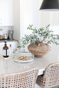 a white table topped with a vase filled with green leaves next to two wicker chairs