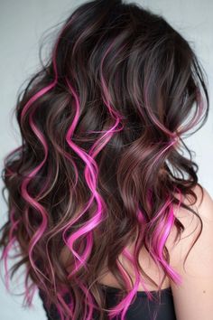 Neon pink highlights provide a playful, edgy vibe to chocolate brown hair. This vibrant, attention-grabbing color adds a lively, energetic twist, ideal for those looking to make a daring statement. Click to see more in the article below! Neon Pink Highlights, Pink Hair Highlights, Chocolate Brown Hair Color, Chocolate Brown Hair, Hair Streaks, Pink Highlights, Pretty Hair Color, Summer Hair Color For Brunettes, Alternative Hair