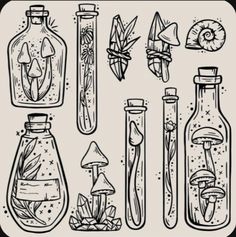 an ink drawing of various bottles and spoons with mushrooms in them on a white background