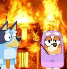 two cartoon characters standing in front of a fire