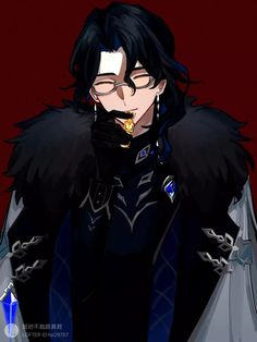 an anime character with black hair and glasses, wearing a fur coat over his shoulders