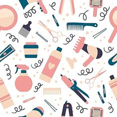 a pattern with scissors, combs, and other hair care items in pink on a white background