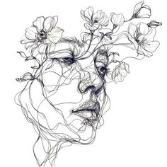 a drawing of a woman's face with flowers in her hair and the image is black and white