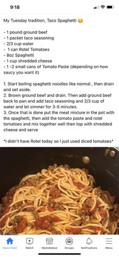 an image of spaghetti being cooked in a skillet with the recipe on it, and then