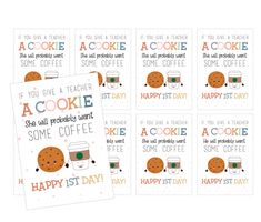 four different greeting cards with cookies and coffee on them, one says happy 1st day