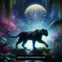 a black panther walking across a lush green forest under a moon filled sky with zodiac signs