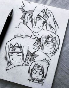 a drawing of naruto and his friends with their eyes closed on the paper