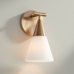 a light that is on the side of a wall with a white glass shade hanging from it