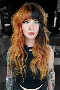 Color Blocked Red and Black Hair Color Idea Gave Framing Haircut, Fashion Colors Hair Ideas, Blonde And Brunette Color Block Hair, Black And Strawberry Blonde Hair, Alternative Haircuts Medium Straight Hair, Quadrant Hair Color, Copper And Black Hair, Cheveux Oranges