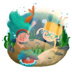 two children are playing in the water under an underwater scene with fish and corals