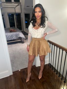 Super cute high waisted flair mini skirt runs true to size model is wearing a medium Suede Skirt, Mini Skirt, Camel, Mini Skirts, Super Cute, High Waisted, Skirt, How To Wear, Clothes