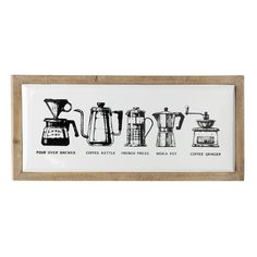 a framed print with different types of coffee machines in black and white on the wall