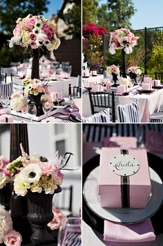 four different pictures of pink and white flowers in vases on tables with napkins