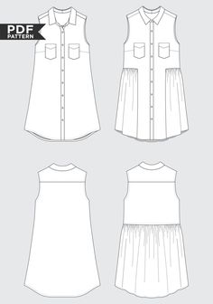 the front, back and side views of a women's shirt dress with pockets