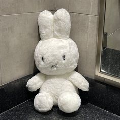 a white stuffed animal sitting on top of a counter