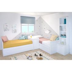 a child's bedroom with two beds and a bookcase in the corner,