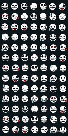 a bunch of skulls with different expressions on them