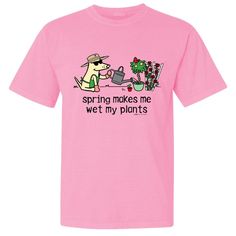 This sweet pink or soothing blue classic tee is puppy soft and decorated right here in the U.S.A. Machine wash and dry. Orders ship 3-5 business days after order is placed. Funny Pink T-shirt For Spring, Puppies, Plants, Pink, Blue