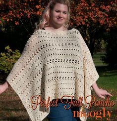 a woman wearing a white crocheted ponchy