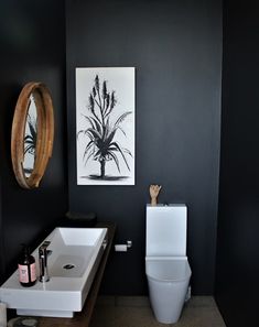 a white toilet sitting next to a bathroom sink under a framed art piece on the wall