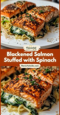 blackened salmon stuffed with spinach and pasta on a white plate