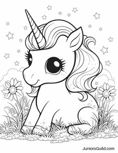 a cute little pony sitting in the grass with stars on it's head and eyes