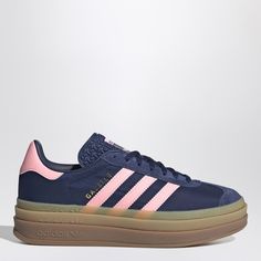 Blue leather sneaker from adidas Originals featuring a rounded toe, suede detailing, contrasting leather side stripes, lace-up fastening, logoed tongue and a three-tiered semi-transparent platform rubber sole with embossed logo. Gazelle Bold, Adidas Originals Gazelle, Beige Sneakers, Preppy Shoes, Black Leather Shoes, Black Leather Bags, Boot Accessories, Blue Sneakers, Semi Transparent