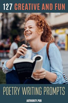 a woman sitting on the ground with a book in her hand and text reading poetry writing prompts