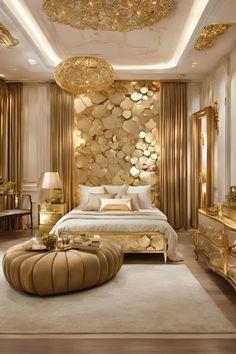 a bedroom decorated in gold and white with a large bed on top of a rug