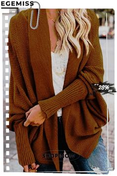 Fashion Bat Sleeve Knitted Cardigan One Size Knit Outerwear For Fall, One Size V-neck Cardigan For Fall, Brown V-neck Sweater Coat For Spring, Brown Winter Sweater Solid Color, Brown Solid Color Sweater For Fall, One Size Knit Sweater Coat For Fall, Trendy One Size Cardigan, Long Sleeve Knit Sweater Coat For Fall, Knit Long Sleeve Sweater Coat For Fall