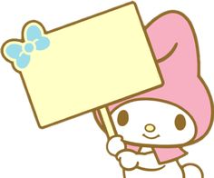 a cartoon bunny holding a sign with a bow on it's head and wearing a pink hat