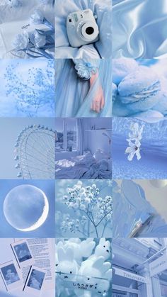 a collage of blue and white images