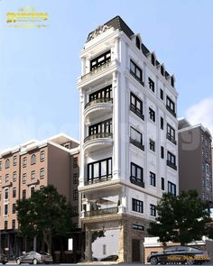 an artist's rendering of a large white building with balconies